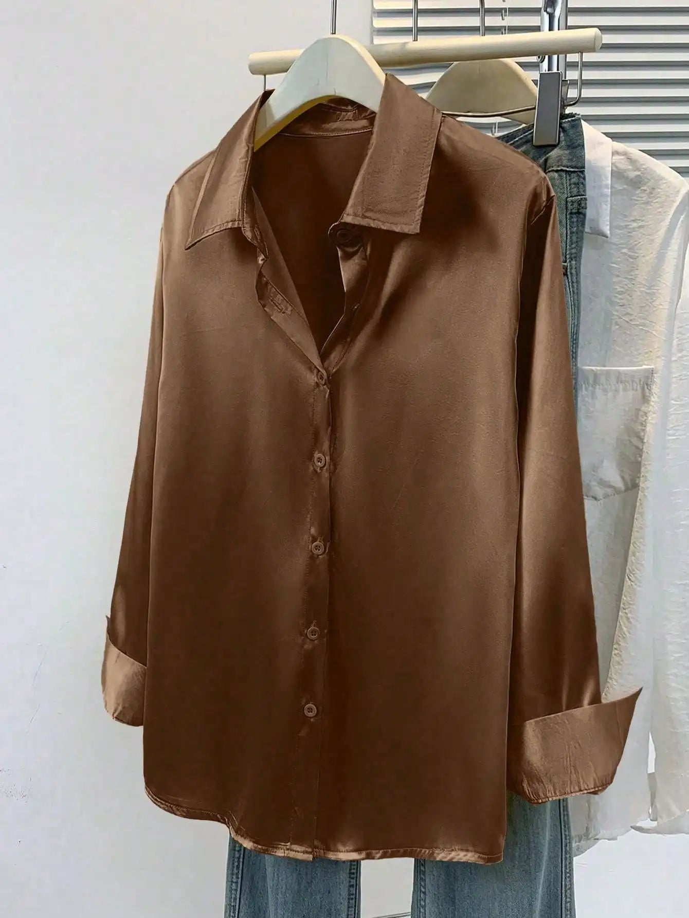 Satin Button-Up Collared Blouse