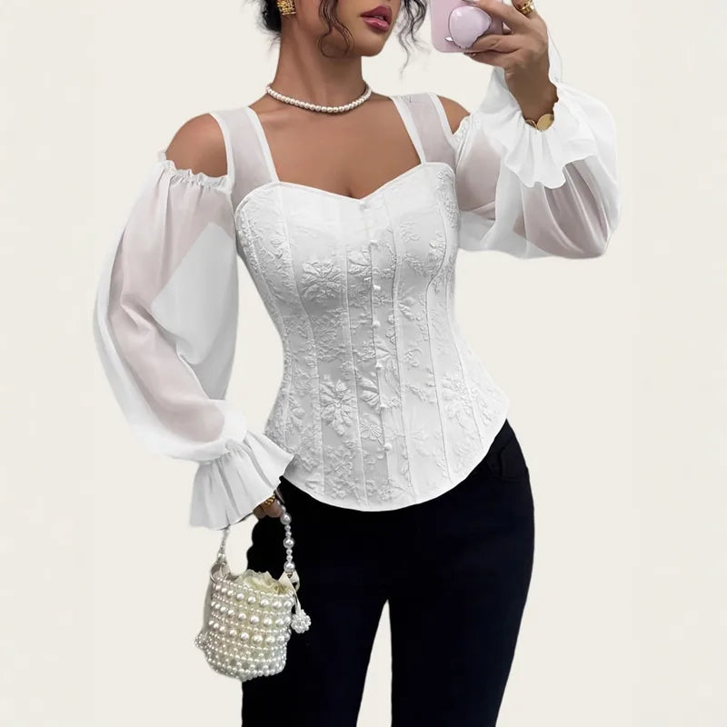 Square Collar Jacquard Slim Fit Blouse