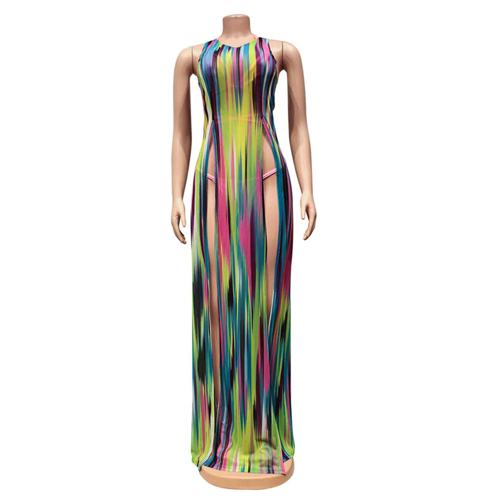Mesh See-Through Sleeveless Split Dress & Swimsuit 3-Piece Set