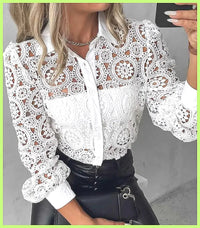 Hollow-Out Vintage Lace Long Sleeve Blouse – White