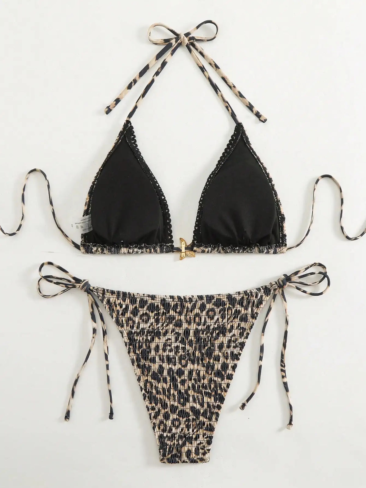 Summer beach fashion leopard print pleated metal jewelry halterneck string bikini set, suitable for vacations, festivals, beach