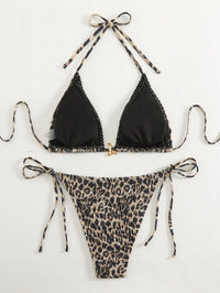 Summer beach fashion leopard print pleated metal jewelry halterneck string bikini set, suitable for vacations, festivals, beach