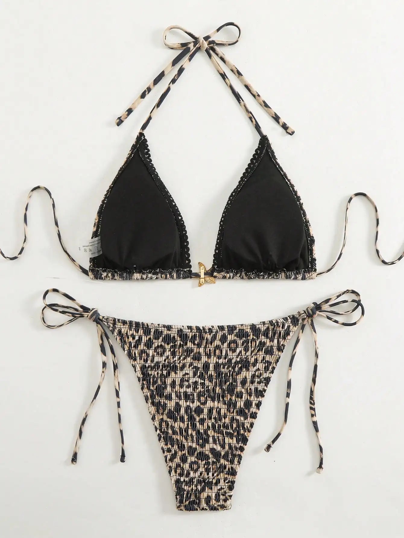 Summer beach fashion leopard print pleated metal jewelry halterneck string bikini set, suitable for vacations, festivals, beach