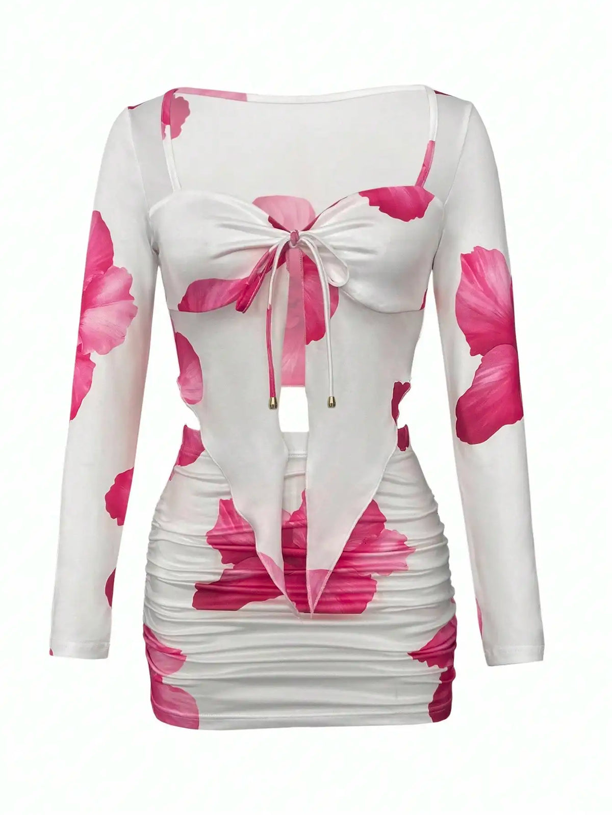 Floral Print Front Knot Cutout Mini Dress