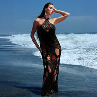 Lace-Up Halter Backless Crochet Maxi Cover-Up Dress