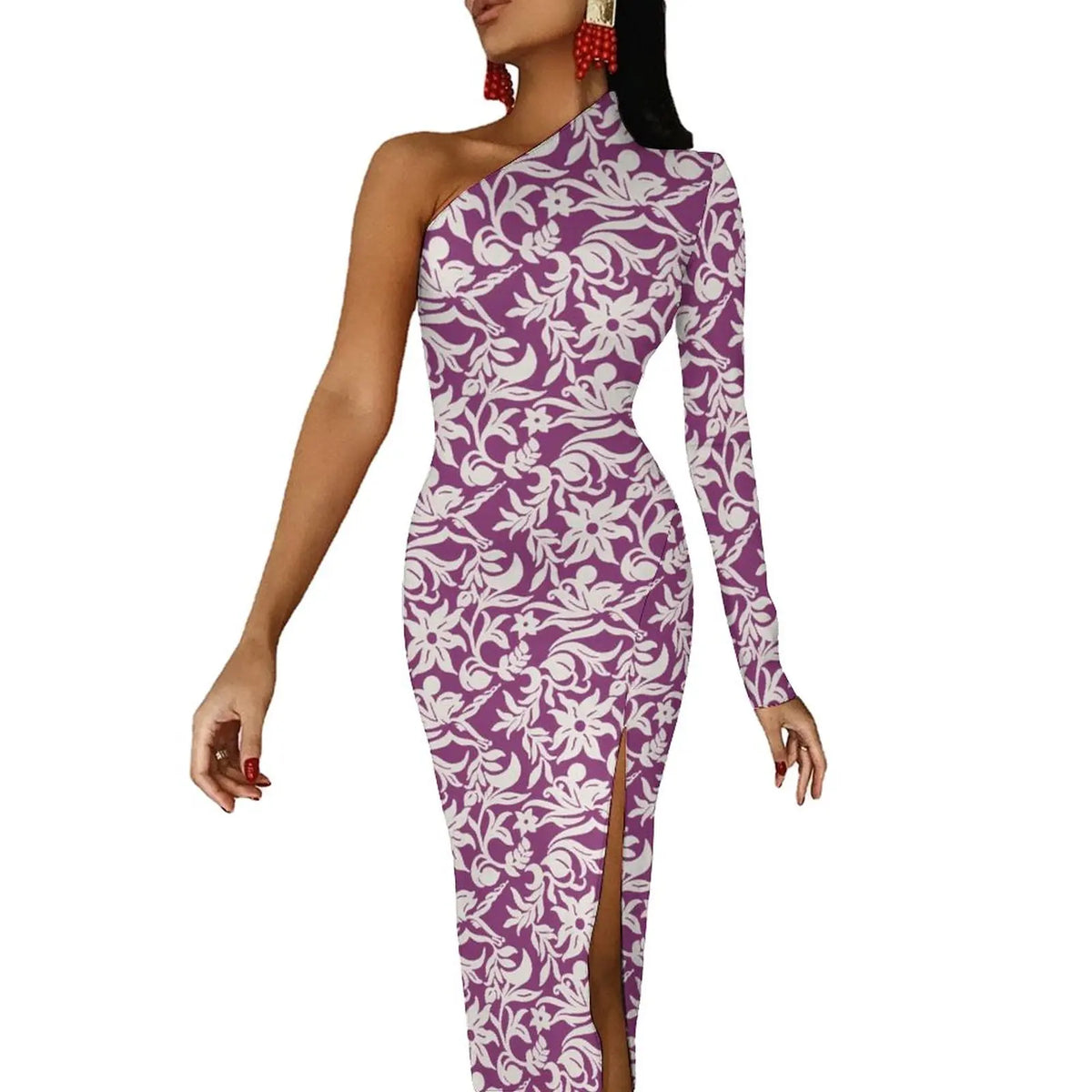 One-Shoulder Floral Print Bodycon Maxi Dress