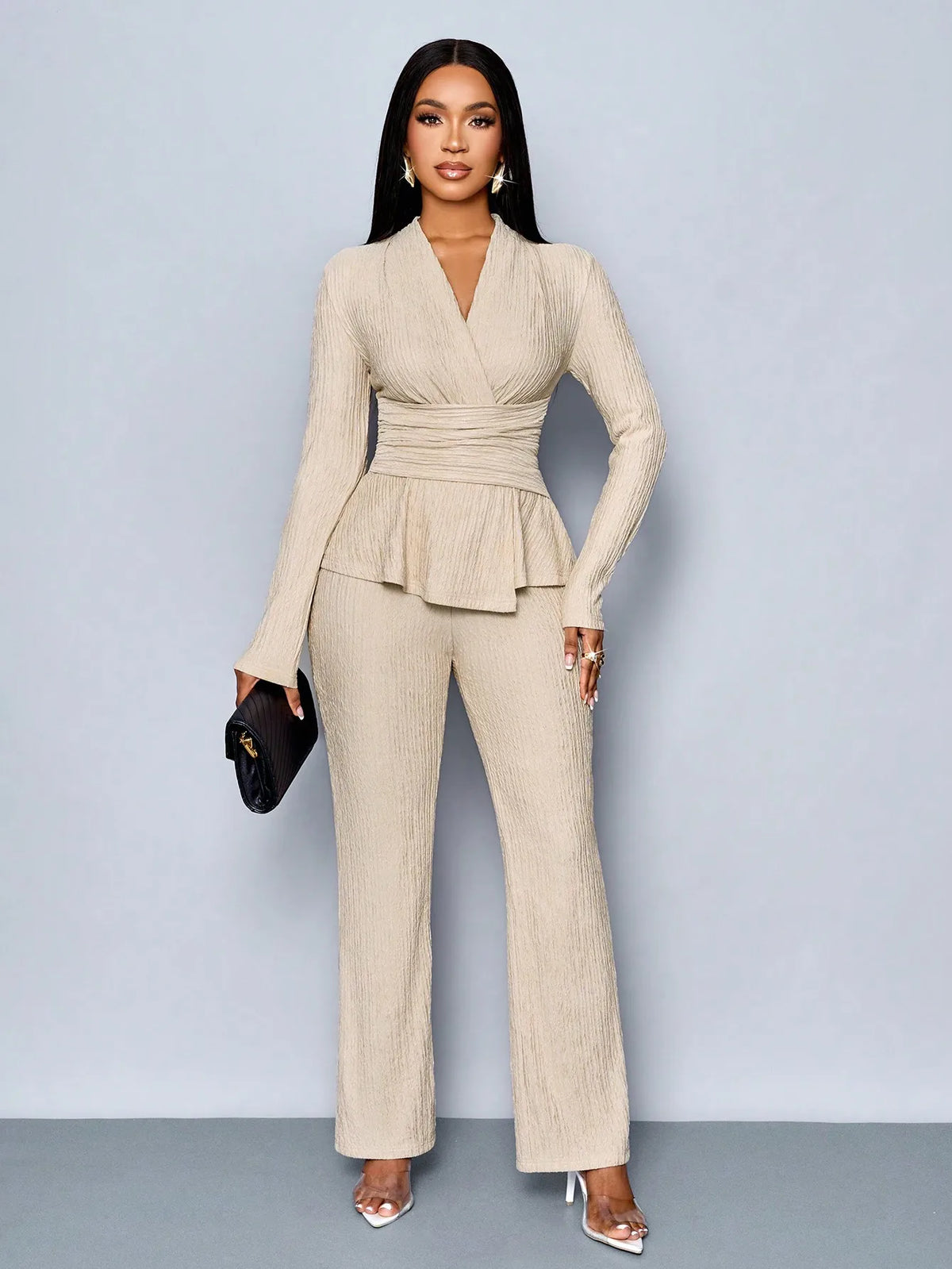 V-Neck Peplum Top & Wide Leg Pants Set – Beige