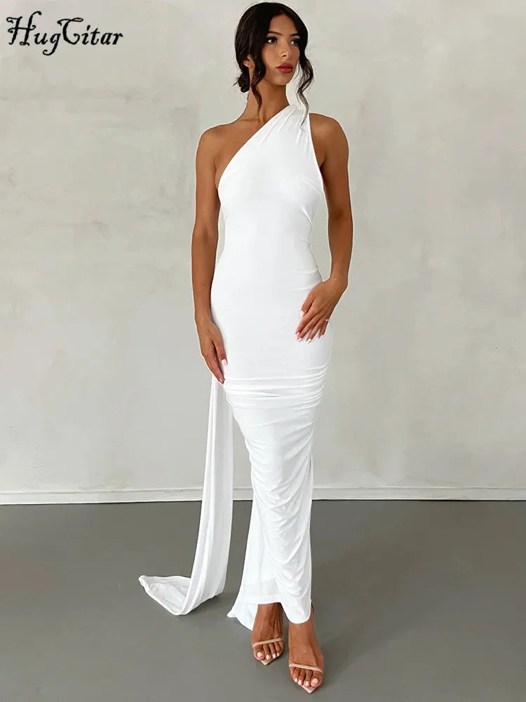 One-Shoulder Backless Ruched Maxi Dress