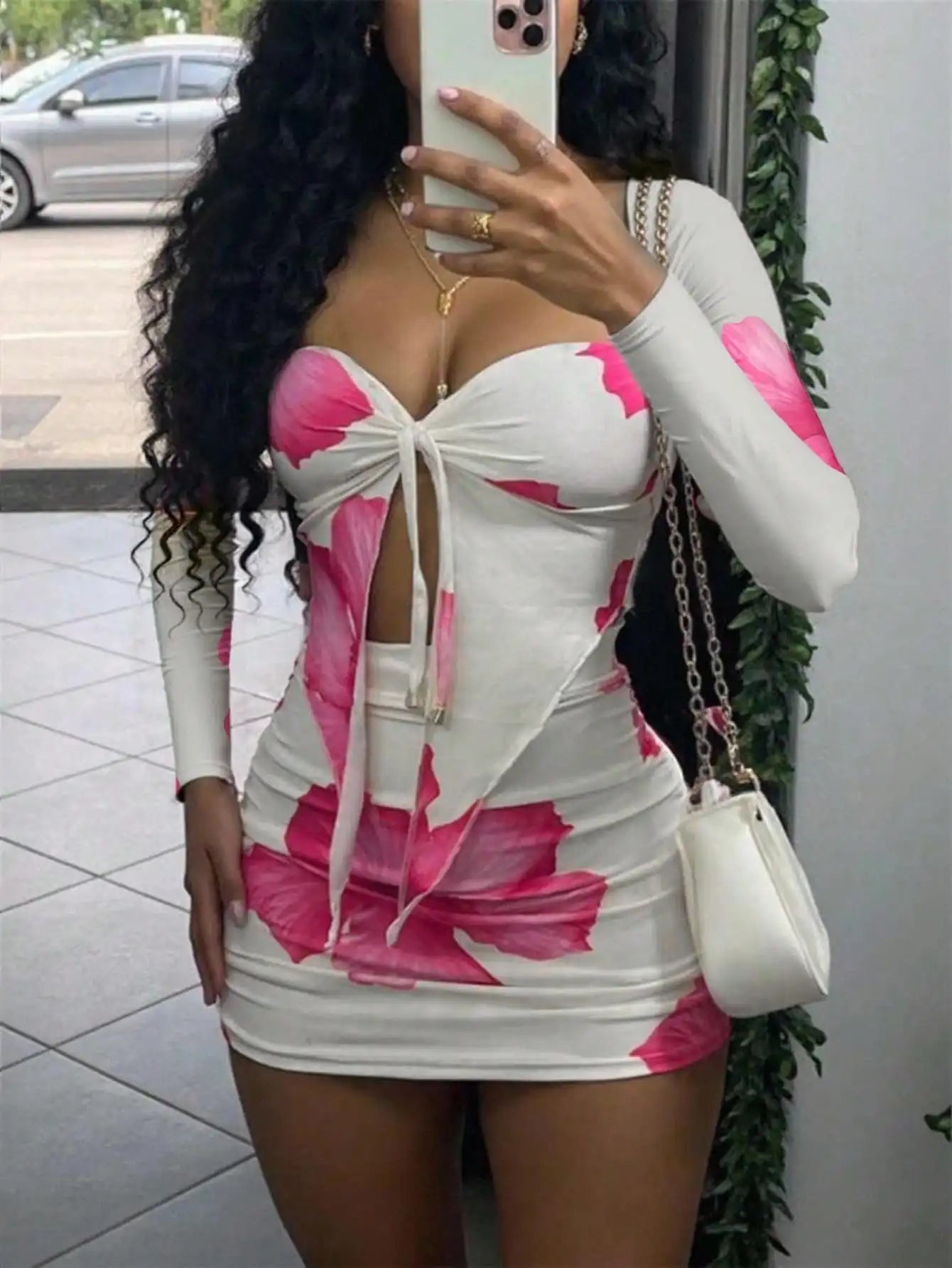 Floral Print Front Knot Cutout Mini Dress
