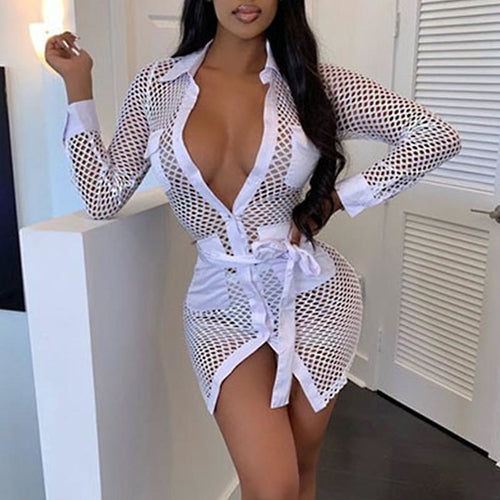 Turn-Down Collar Long Sleeve Mini Dress