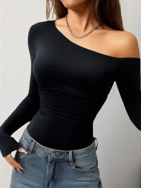 Asymmetrical Shoulder Ruched Waist Bodysuit – Black