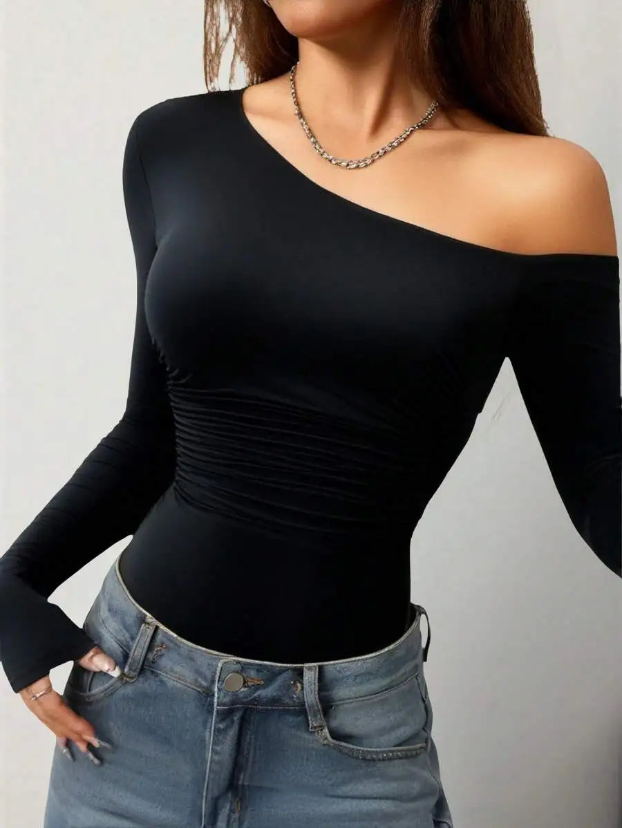Asymmetrical Shoulder Ruched Waist Bodysuit – Black