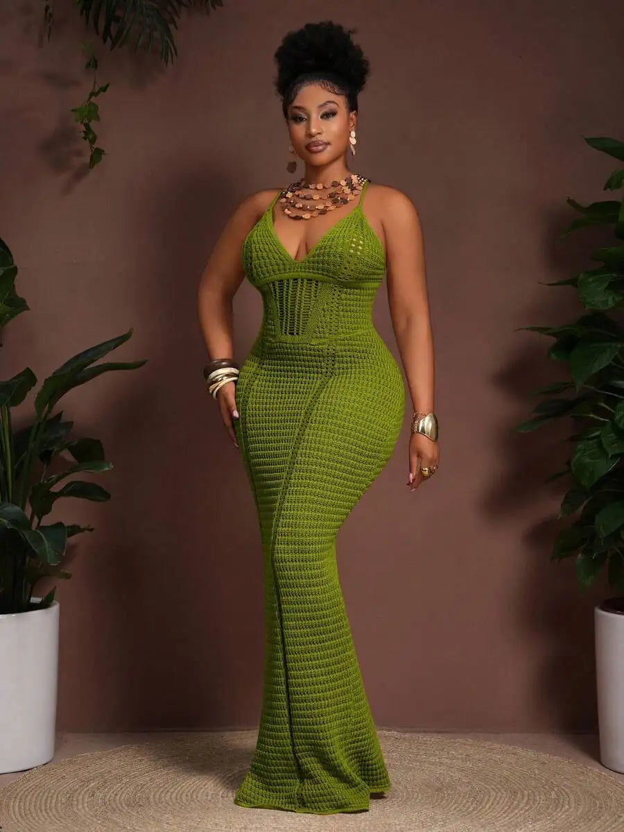 Crochet Hollow V-Neck Bodycon Maxi Dress
