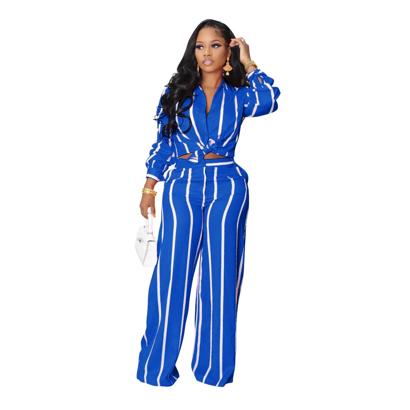 Striped Print Long Sleeve Blouse & Pants Set