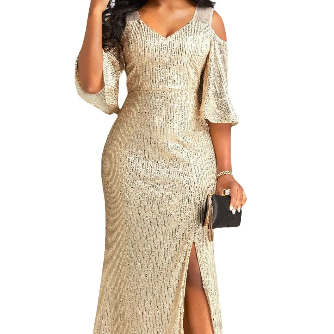 One-Shoulder Gold Sequin Bodycon Mini Dress