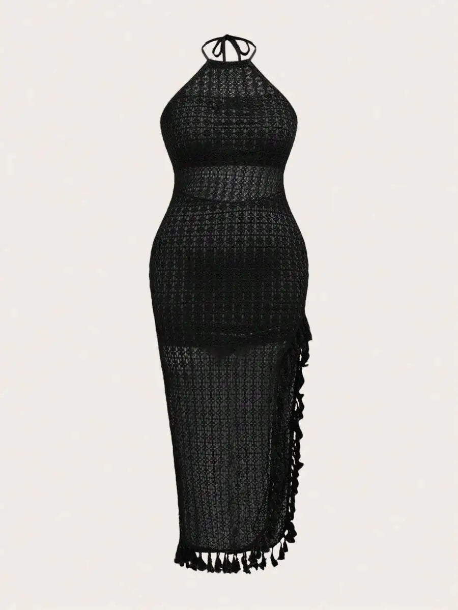 Lime Green Crochet Halter Maxi Dress with Tassel Hem