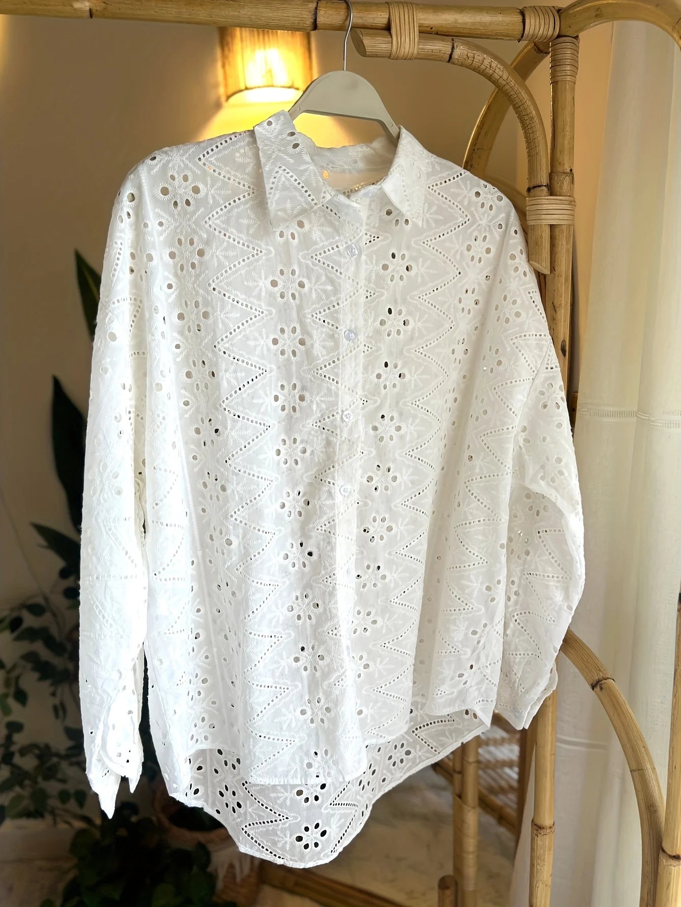 Hollow Embroidered Lapel Button Top
