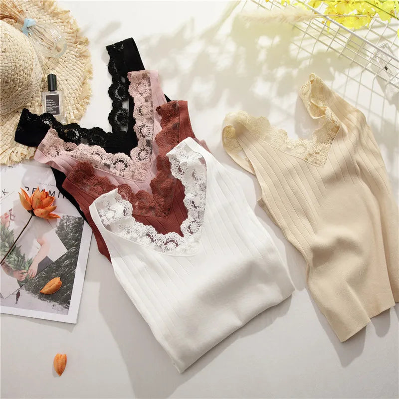 2025 Sexy Basic Lace Camisole Summer Knit Tank Top Women V Neck Camisole Female Camis High Elasticity Top Casual Tank Tops
