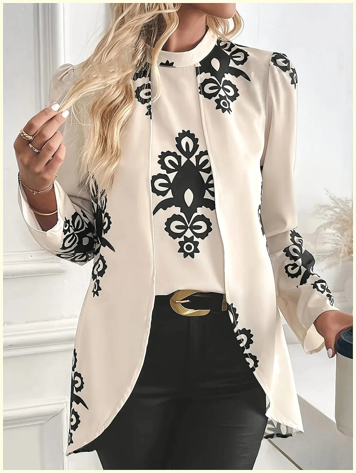 Fake Two-Piece Print Long Sleeve Blouse