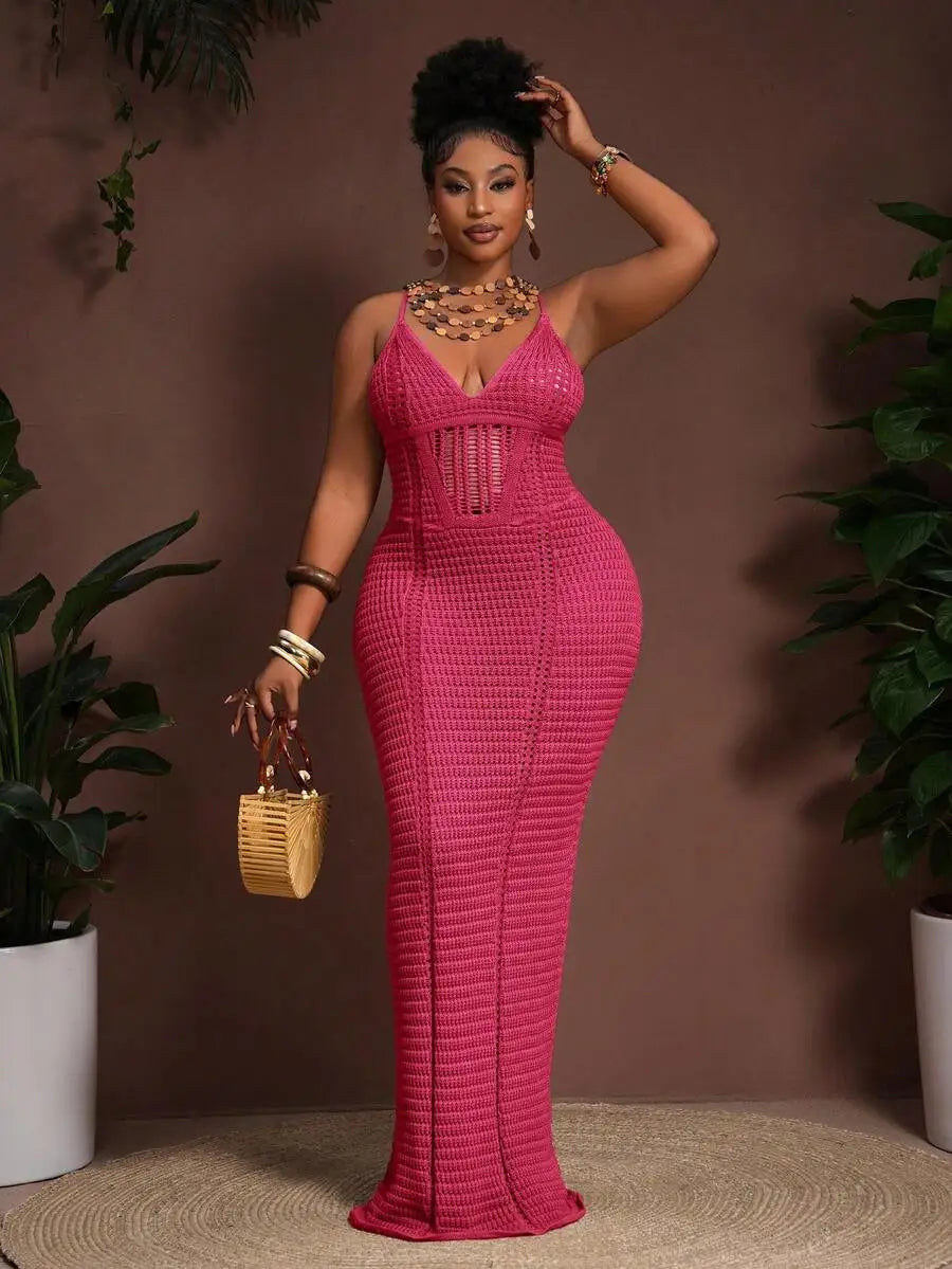 Crochet Hollow V-Neck Bodycon Maxi Dress