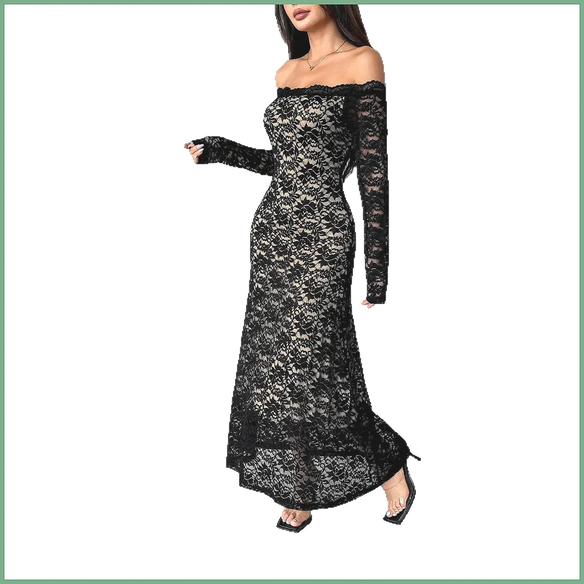 Off-Shoulder Lace Long Sleeve Bodycon Maxi Gown