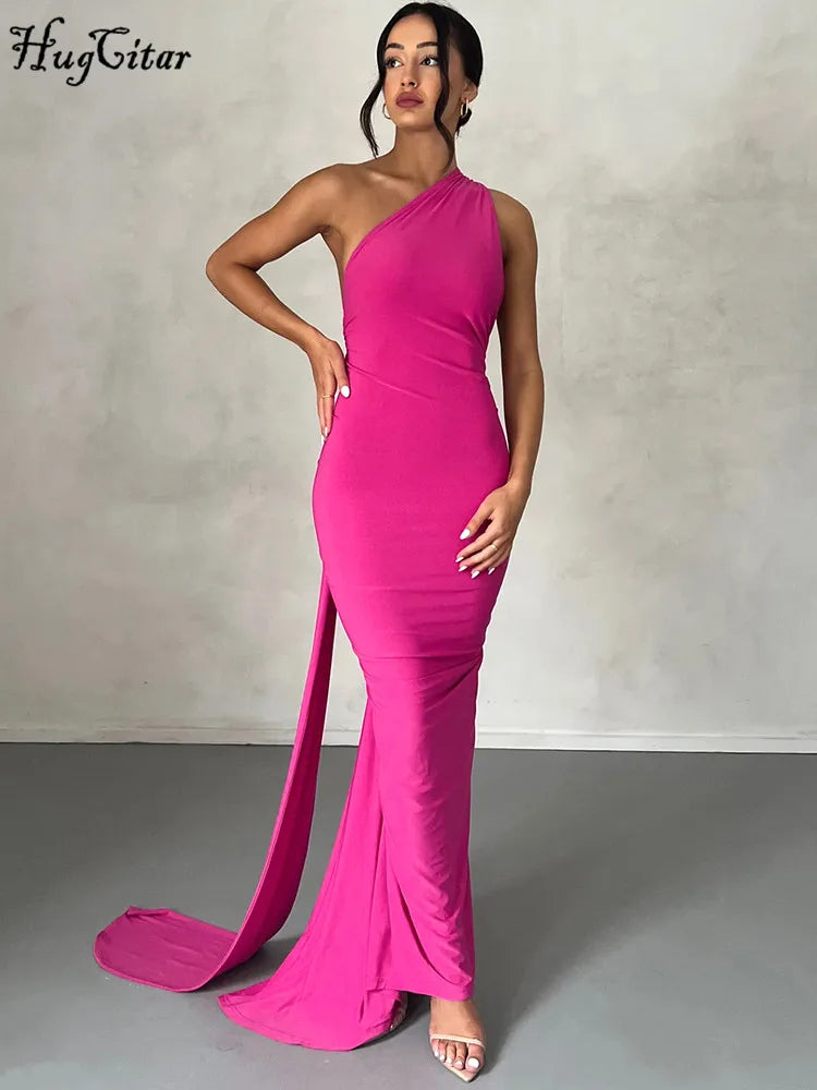 One-Shoulder Backless Ruched Maxi Dress
