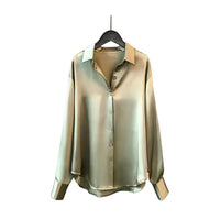 Women Smooth Satin Shirts Lapel Long Sleeve Shirt Single Breasted Tops Solid Color Loose Fit Casual Shirt
