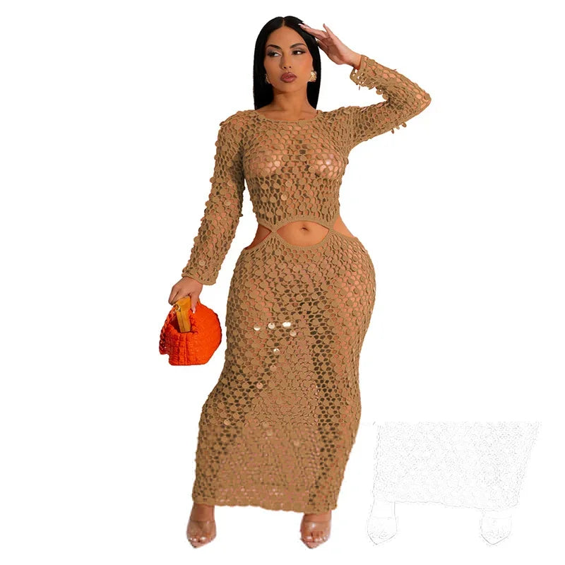 Sequined Crochet See-Through Bodycon Maxi Dress