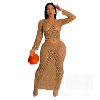 Sequined Crochet See-Through Bodycon Maxi Dress