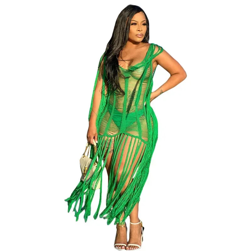 Fringe Tassel Crochet Beach Cover-Up Maxi Dress