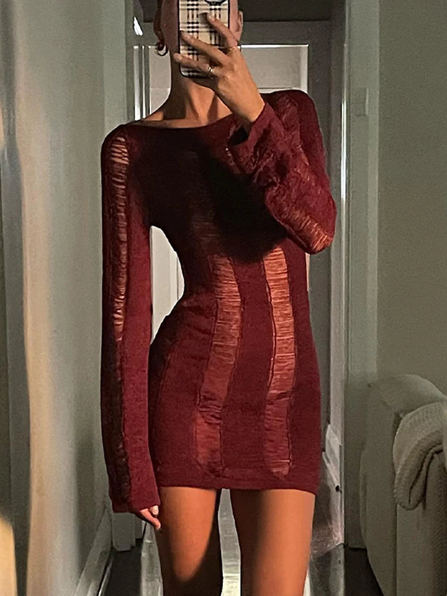 Sexy Knitted Cutout Short Dress 2022 Spring Summer Backless Long Sleeve round Neck Wrapped Mini Dresses Streetwear Solid