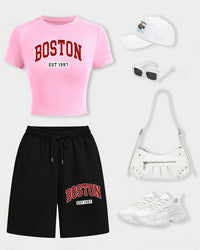 Boston Est. 1997 Crop Tee & Wide-Leg Shorts Set