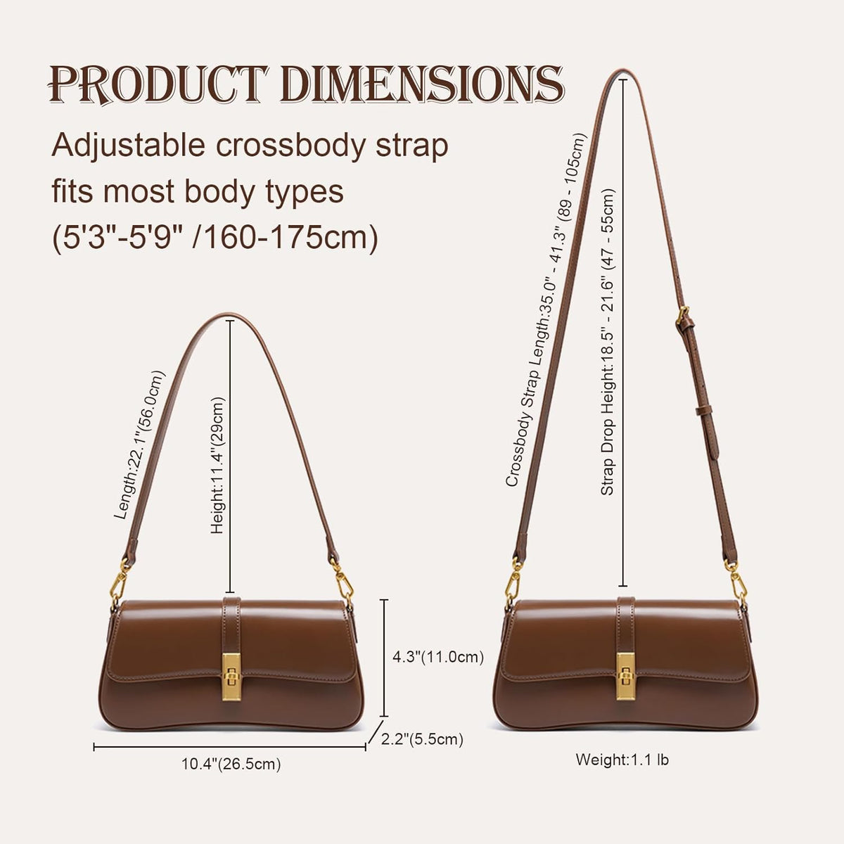 Shoulder Bag for Women, Genuine Leather Crossbody Bag Handbag with Removable Adjustable Straps