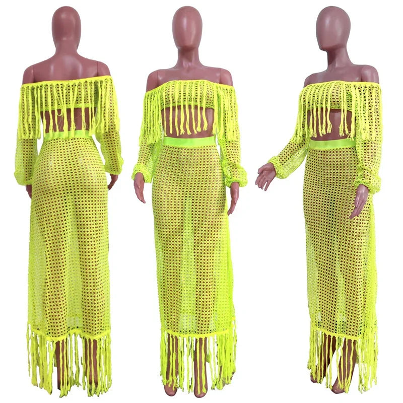 Fringed Tassel Crochet Hollow-Out Maxi Dress