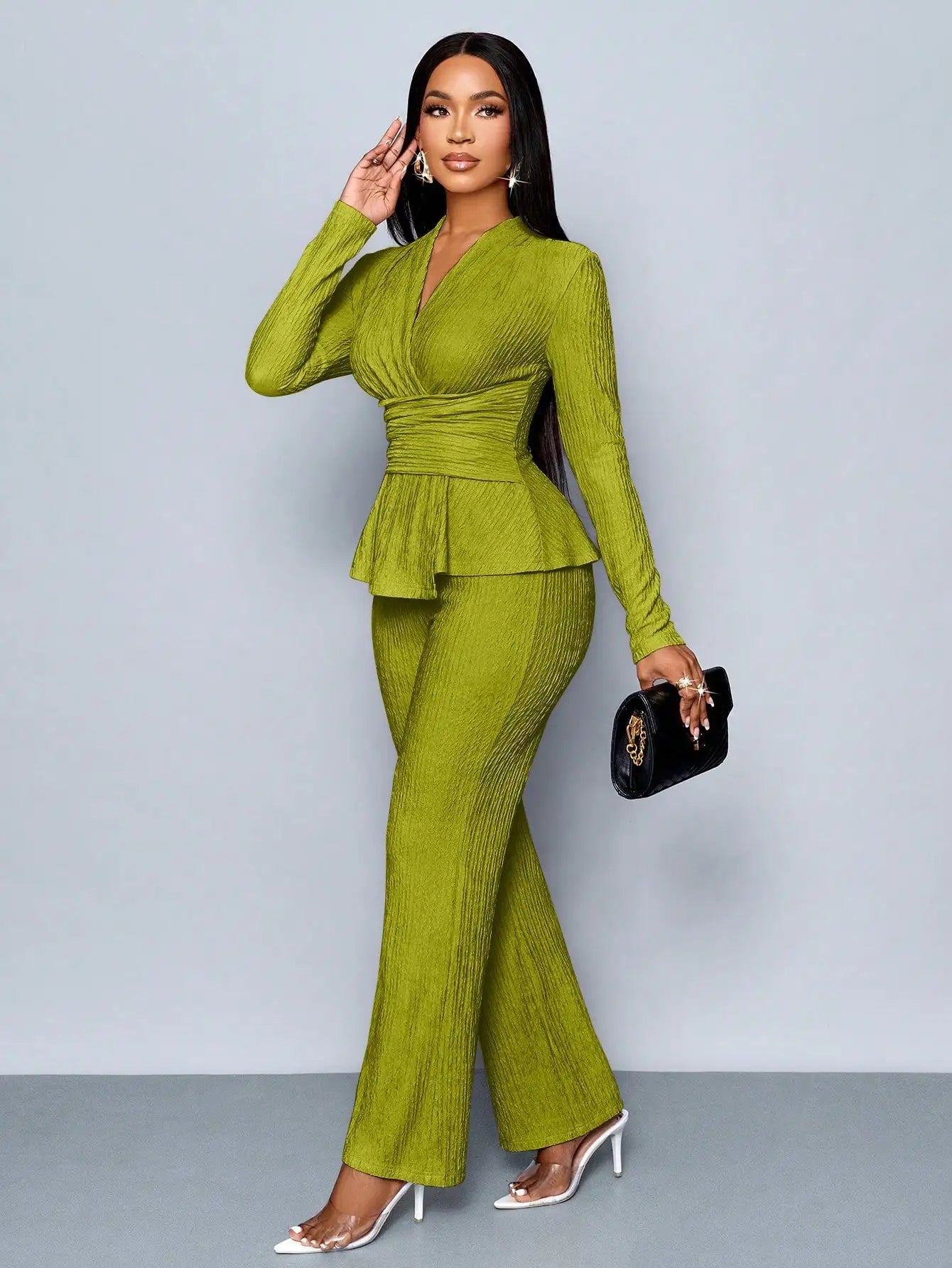 V-Neck Peplum Top & Wide Leg Pants Set – Beige