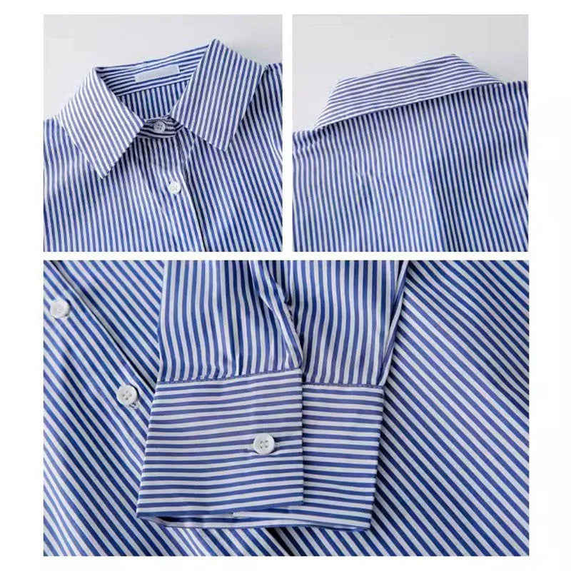 Striped Lantern Sleeve Stand Collar Blouse