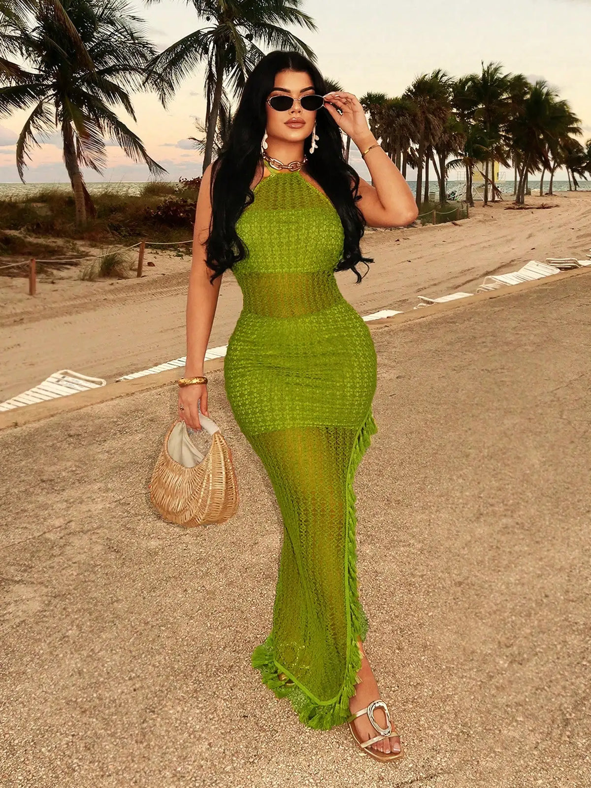 Lime Green Crochet Halter Maxi Dress with Tassel Hem