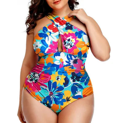 Plus Size Front Cross Tummy Control Backless One-Piece Swimsuit