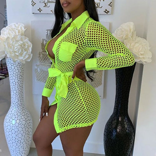 Turn-Down Collar Long Sleeve Mini Dress
