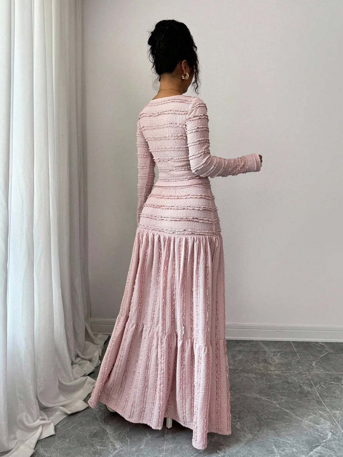 Pink Lace-Trimmed Square Neck Button-Up Maxi Dress Set