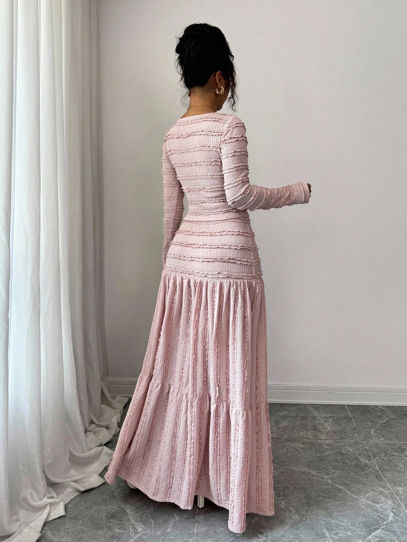 Pink Lace-Trimmed Square Neck Button-Up Maxi Dress Set