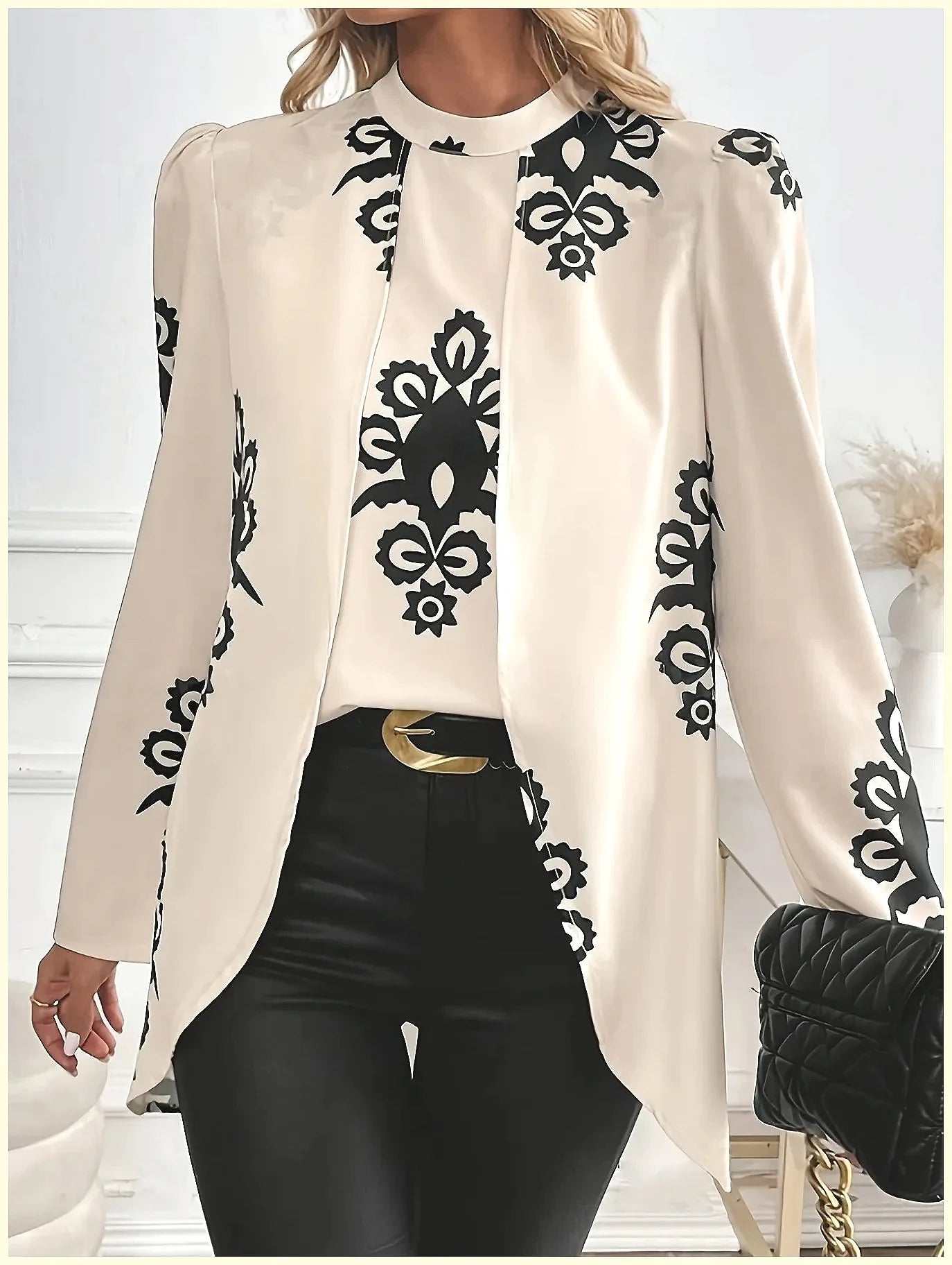 Fake Two-Piece Print Long Sleeve Blouse