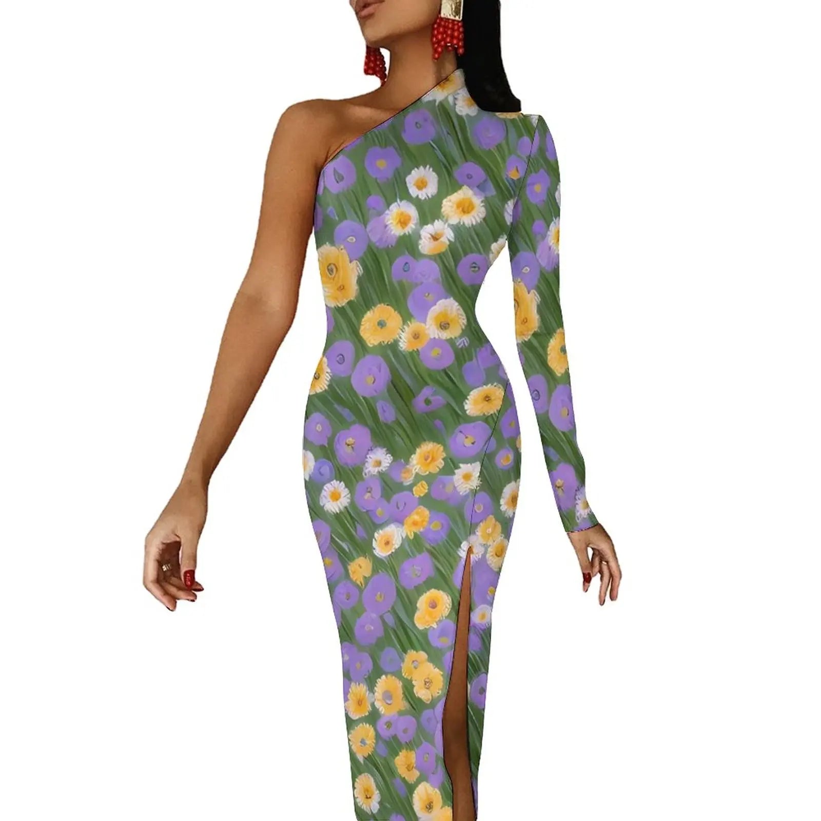 One-Shoulder Floral Print Bodycon Maxi Dress