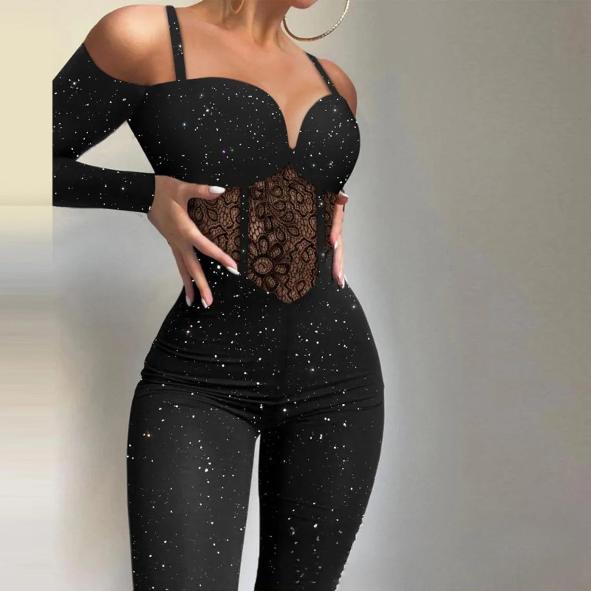 Lace Mesh Long Sleeve High Waist Bodysuit Romper