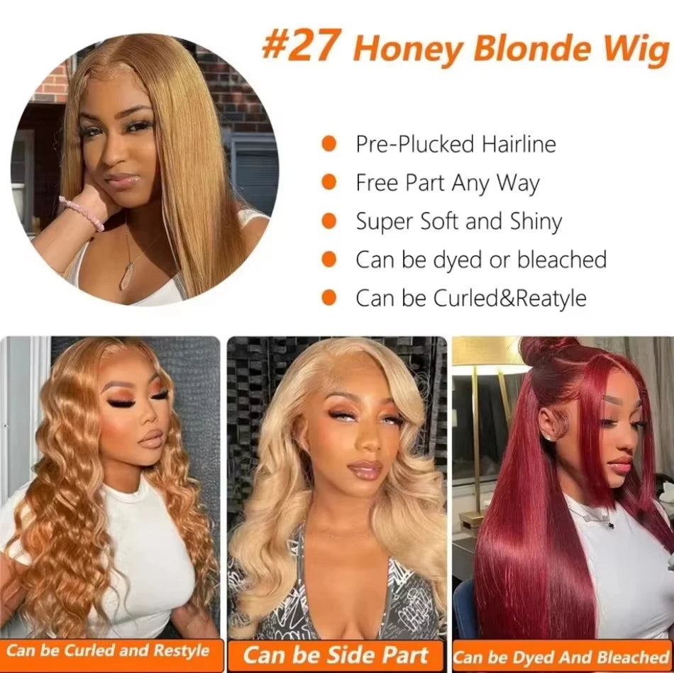 #27 Honey Blonde Straight HD Lace Wig – 13x4 & 13x6 | 200% & 220% Density | 18–36 Inches