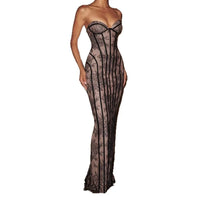 Striped Strapless Backless Bodycon Maxi Dress