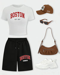 Boston Est. 1997 Crop Tee & Wide-Leg Shorts Set
