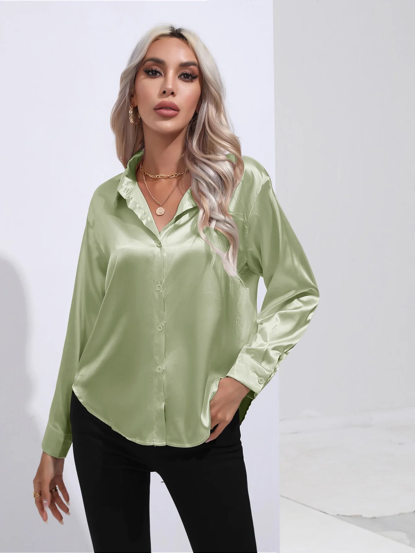 V-Neck Long Sleeve Satin Silk Blouse