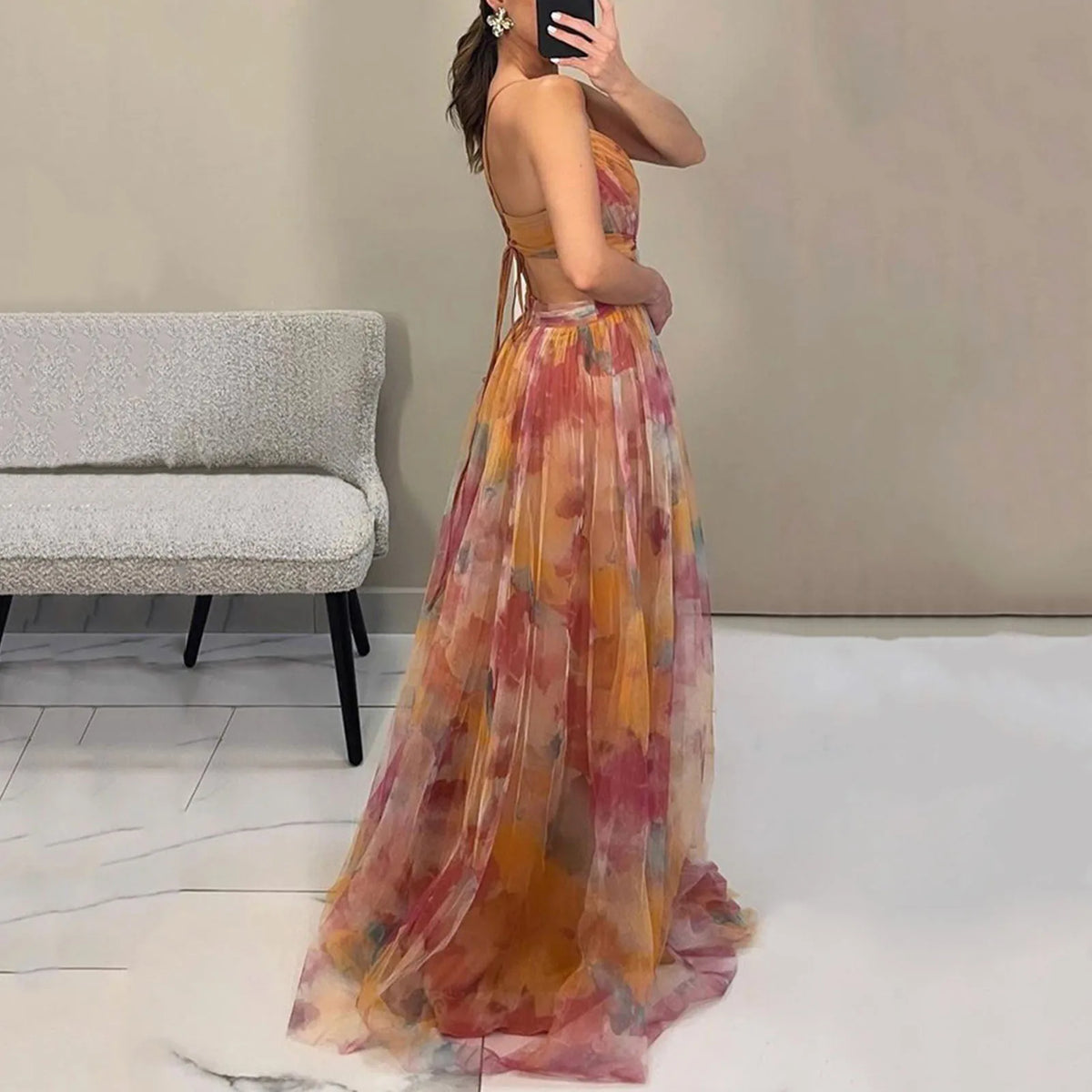 Elegant Formal Party Dress Elegant One Shoulder Tie-Dye Ball Gown with Mesh Bubble Sleeves Split Hem Women'S Evening Dress