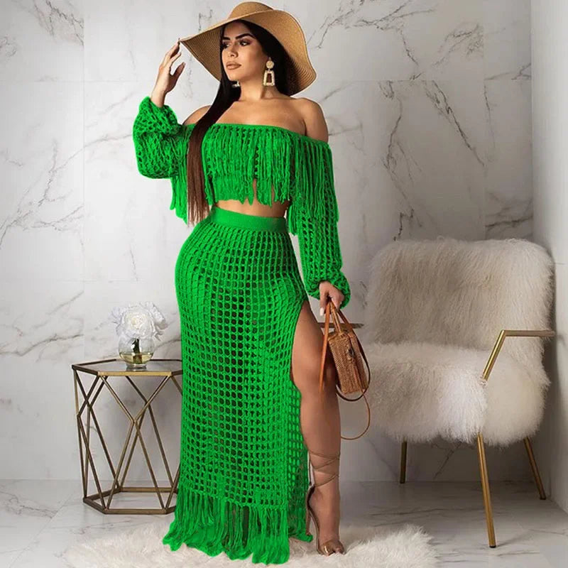 Fringed Tassel Crochet Hollow-Out Maxi Dress